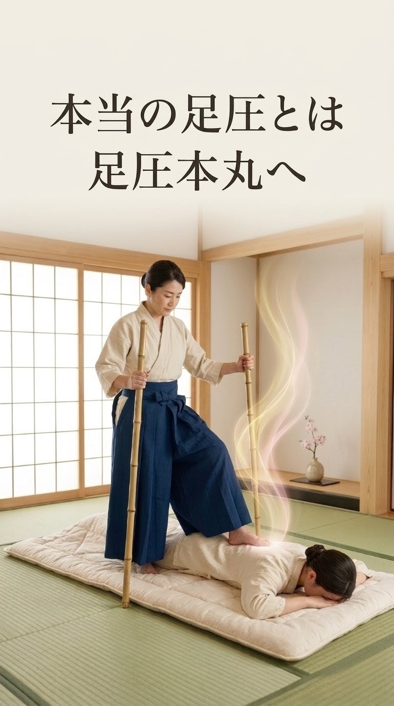 和室で足圧を受ける場面。本当の足圧とは、足圧本丸へ
